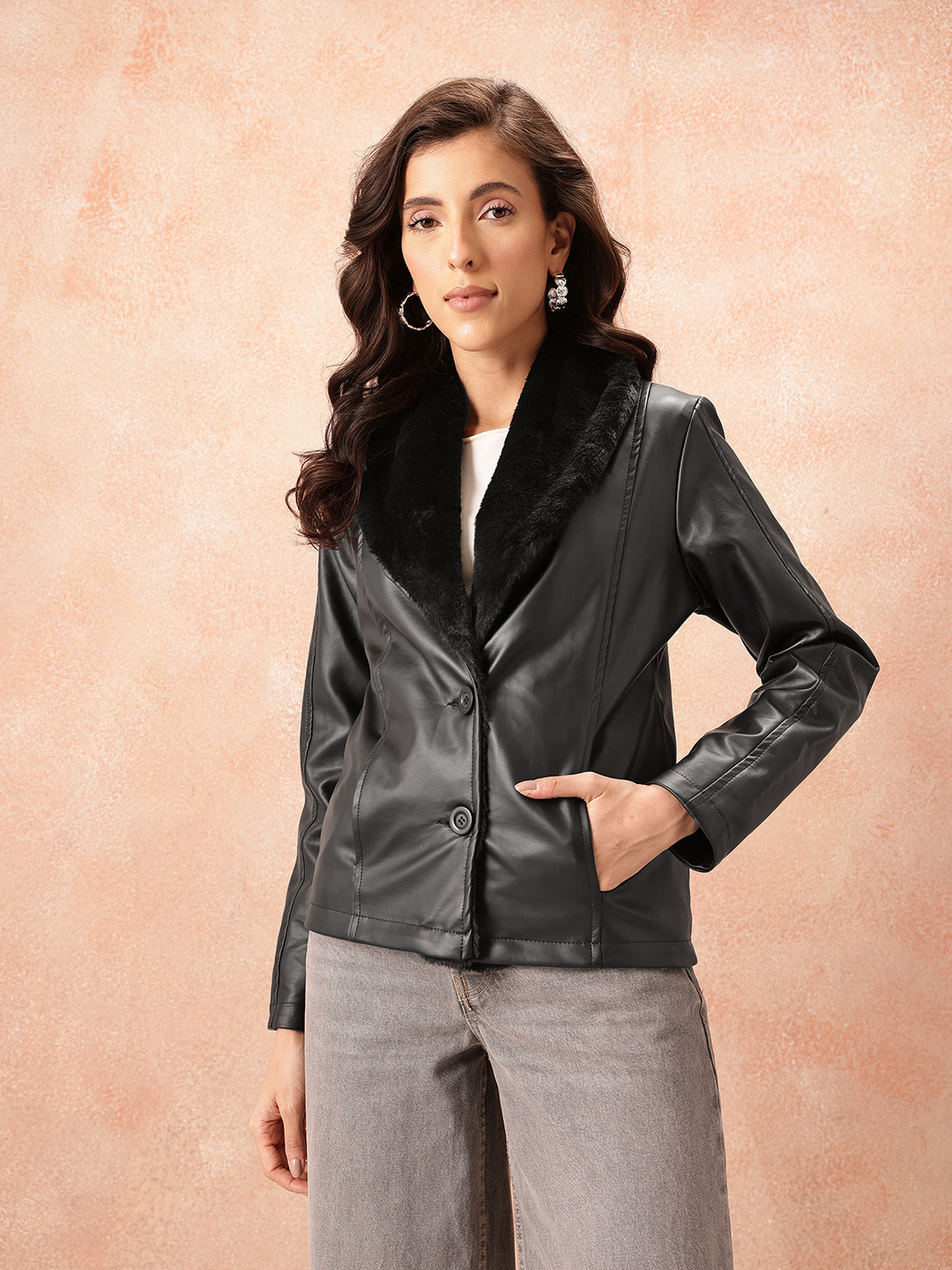 all about you Faux Fur Trim Leather Finish Tailored Jacket