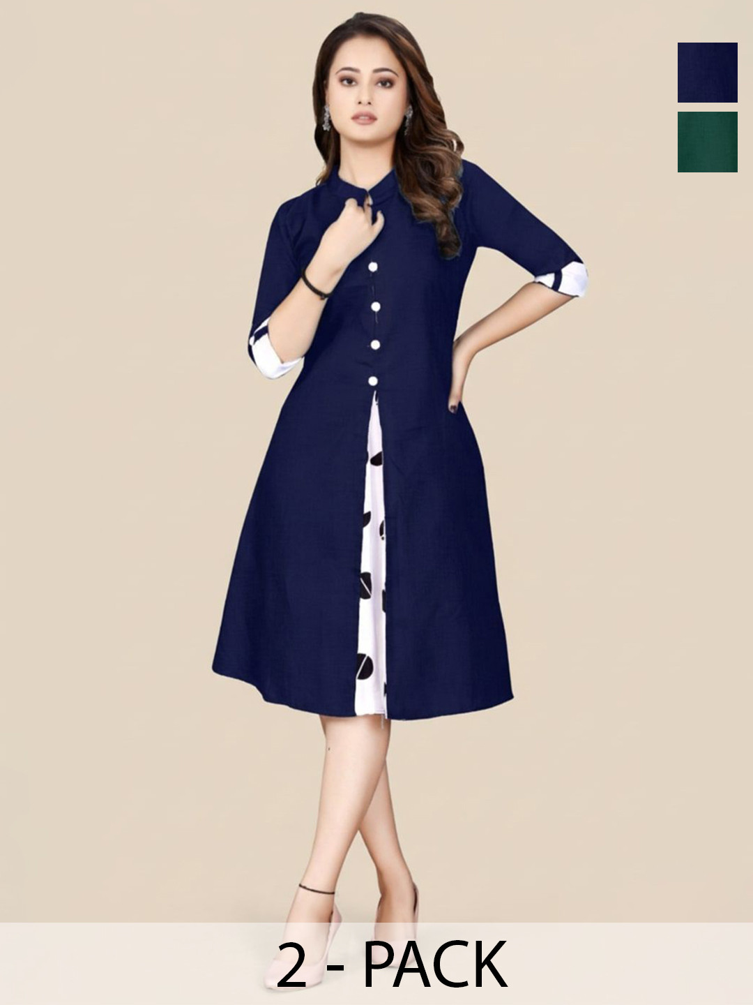 Moda Rapido Selection Of 2 Band Collar Three Quarter Sleeves A-Line Dresses