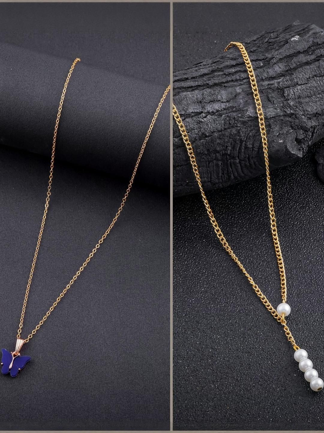 SZN Women Set Of 2 Gold-Plated Artificial Beads Butterfly Pendant Necklaces