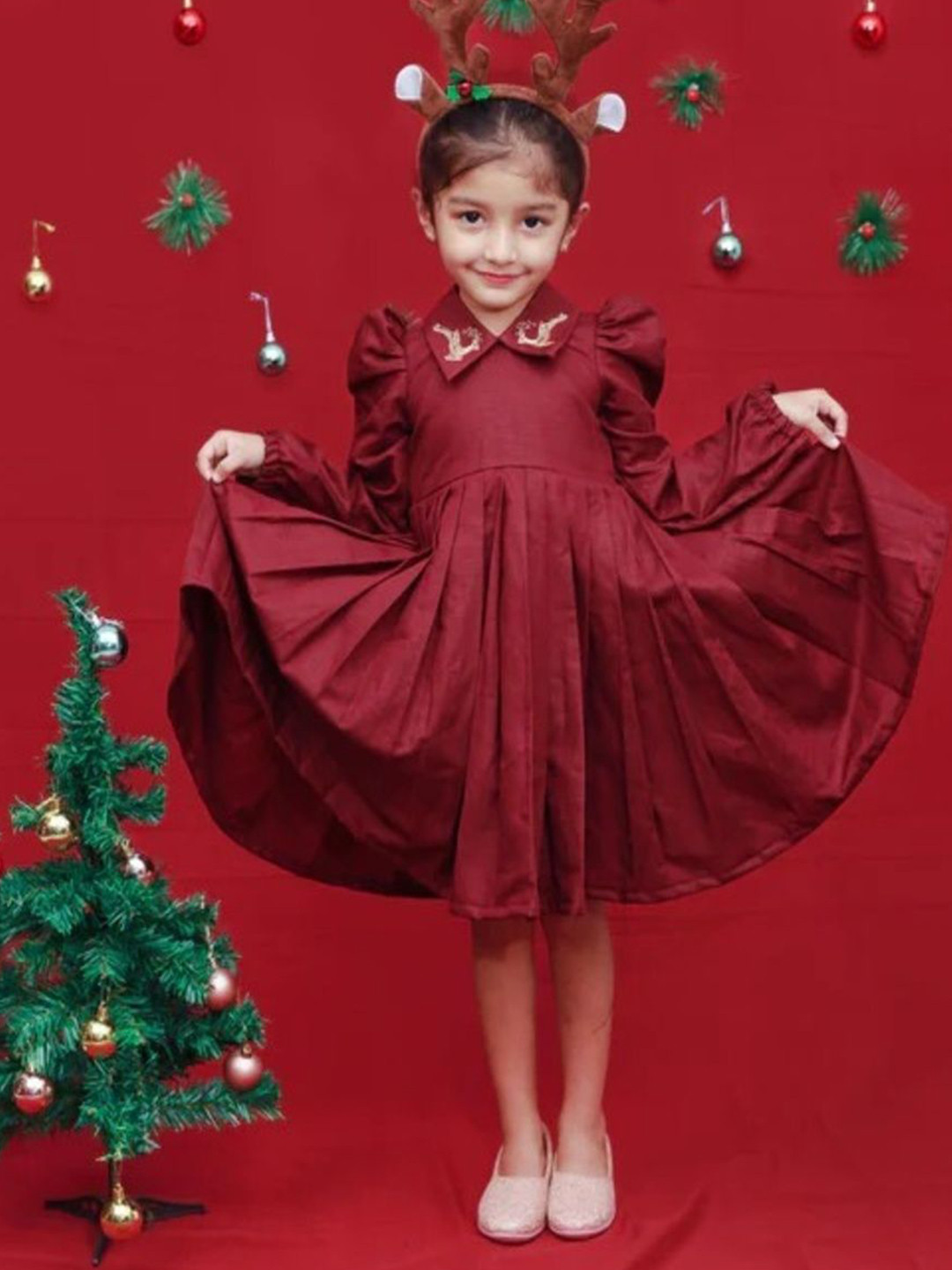 DISHA CREATIONZ Shirt Collar Puff Sleeves Flared Peplum Dress