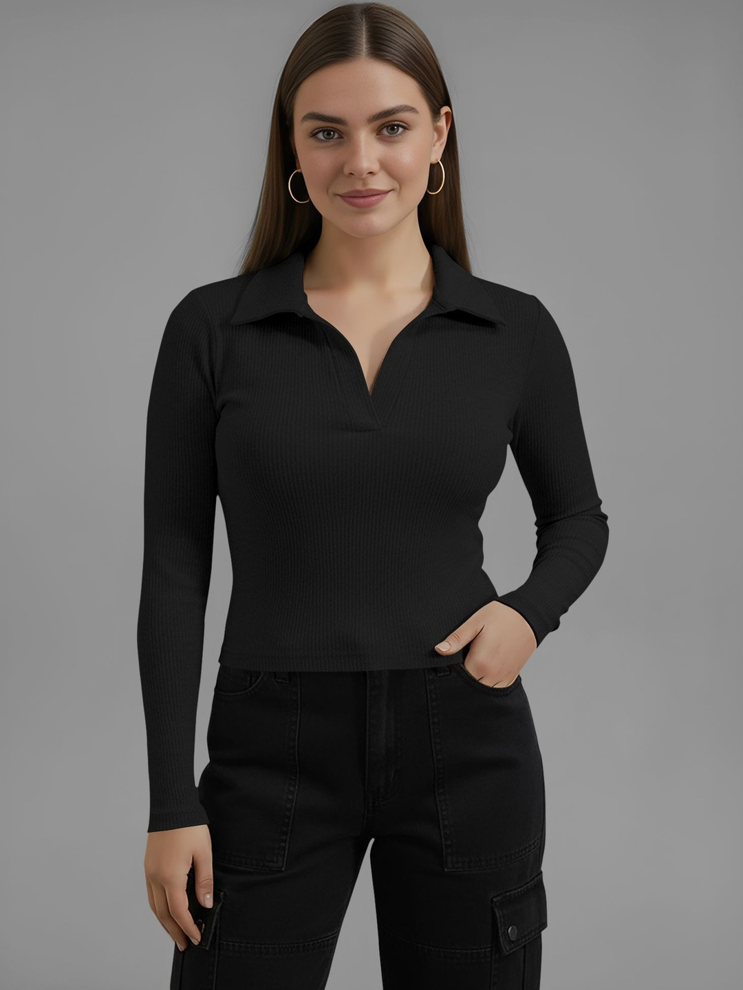 Dream Beauty Fashion Top-166-Apple-Black Women Ribbed Shirt Collar Full Sleeve Top