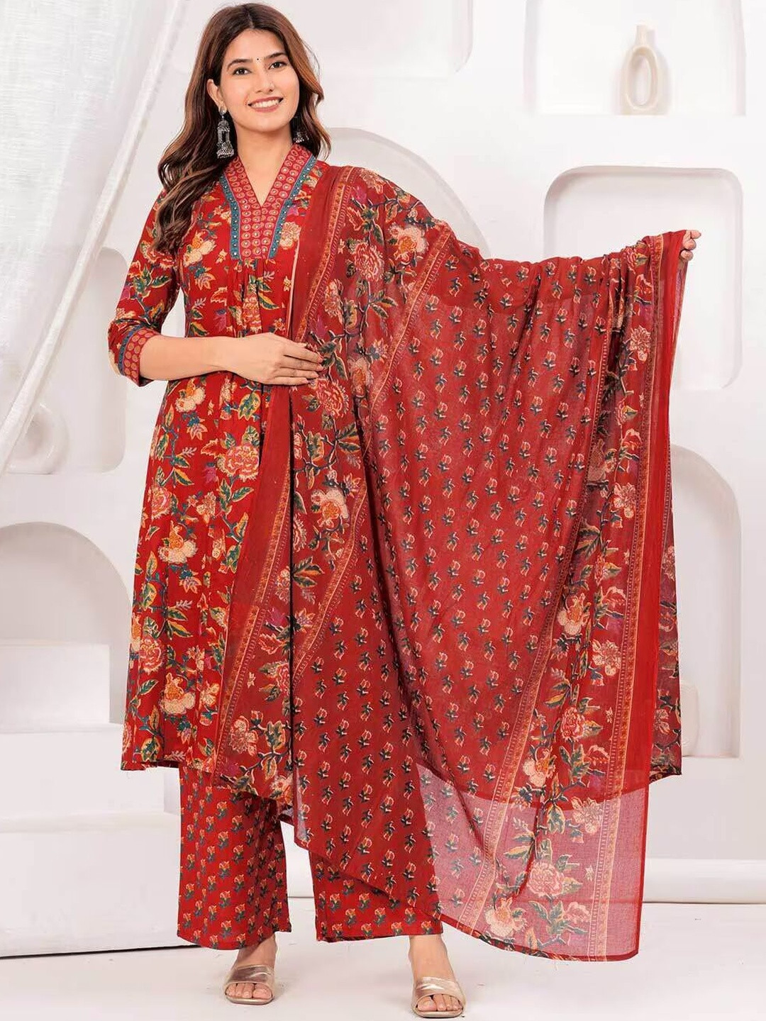 Tradenest International Floral Printed V-Neck A-Line Kurta With Palazzos & Dupatta