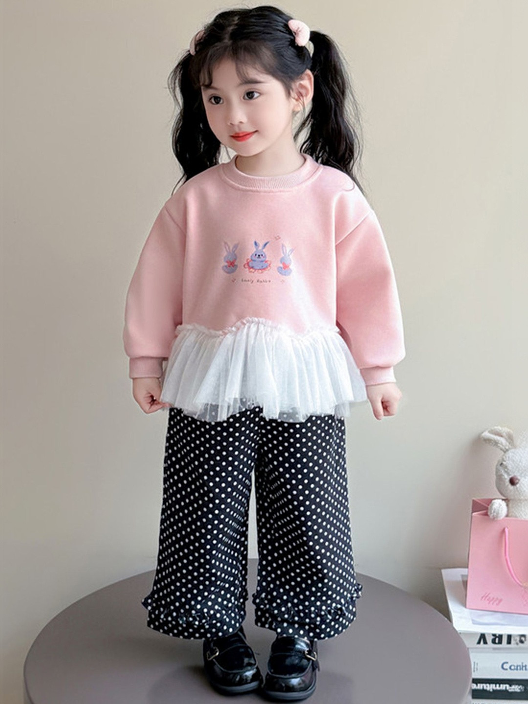 LULU & SKY Girls Printed Sweatshirt with Polka Dot Trousers Co-ord Set