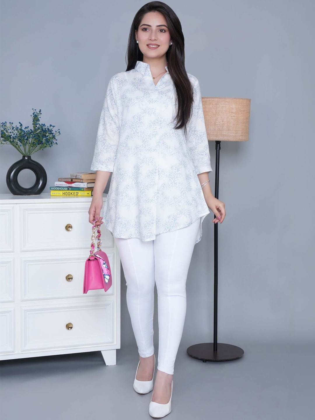 Mlada Women Cotton Printed Shirt Collar Longline High-Low Flare Top