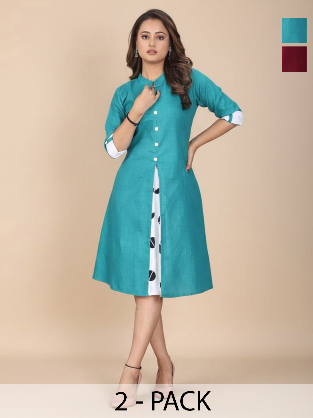 Moda Rapido Selection Of 2 Band Collar Three Quarter Sleeves A-Line Dresses