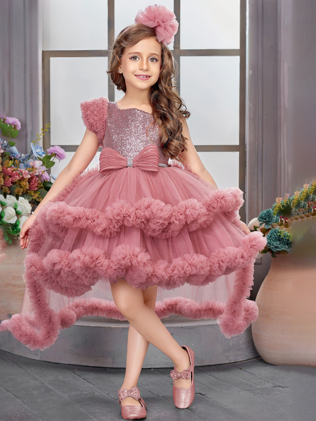 Lagorii Girls Sequin High-Low Party Dress with Layered Ruffle Hem