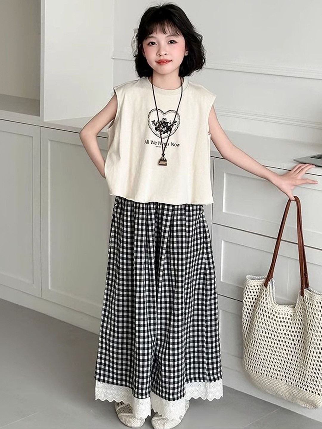 LULU & SKY Girls Sleeveless Printed T-shirt with Gingham Check Palazzos