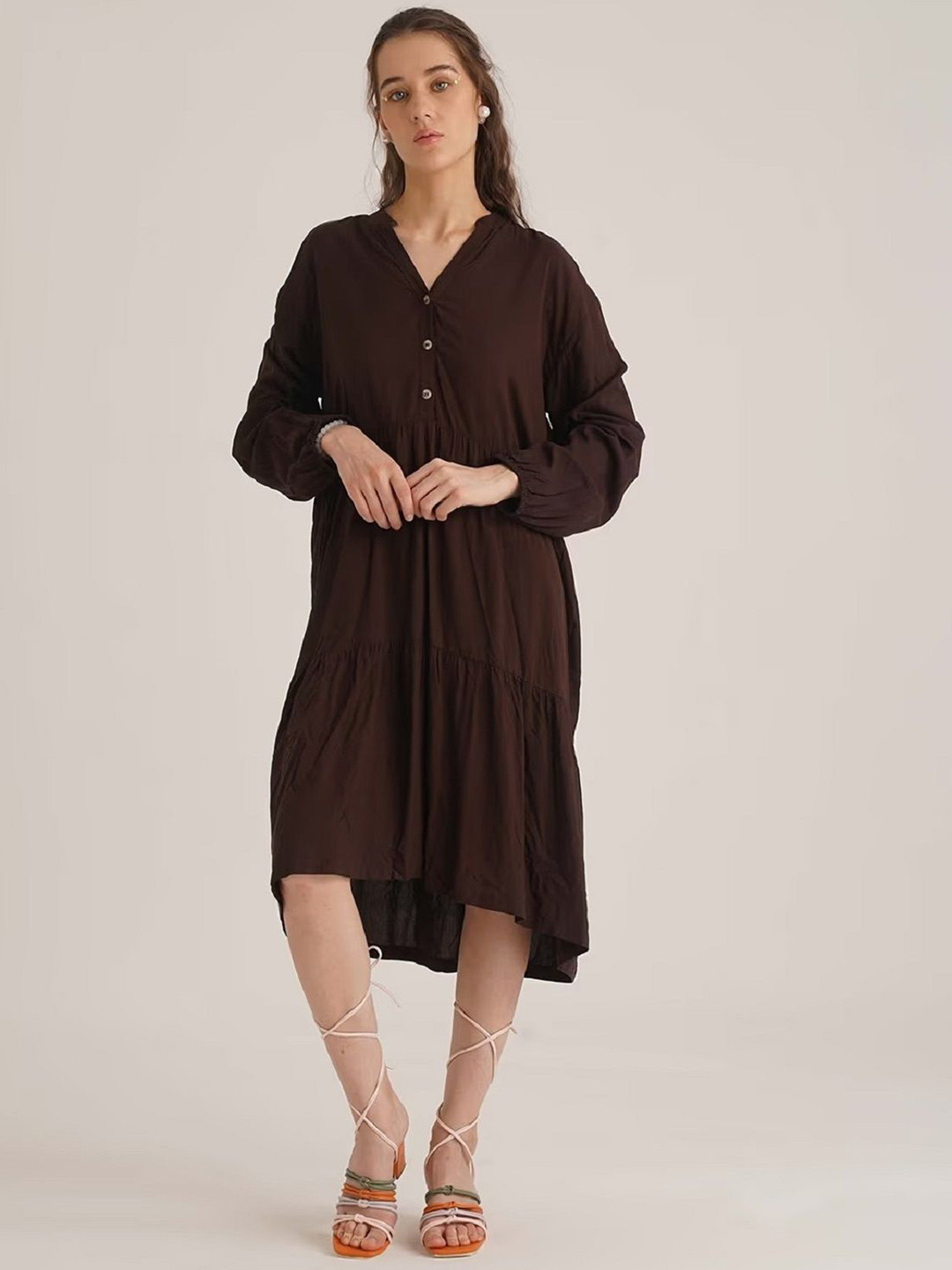 Mia Magell Solid V-Neck Long Sleeves High-Low A-Line Midi Dress