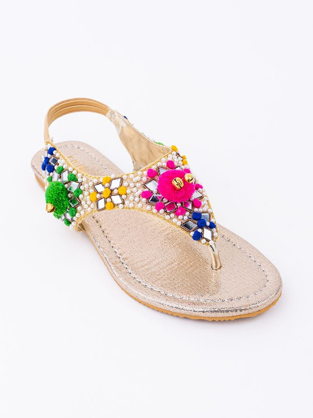 LIL PITAARA Girls Embellished Metallic Ethnic T-Strap Flats