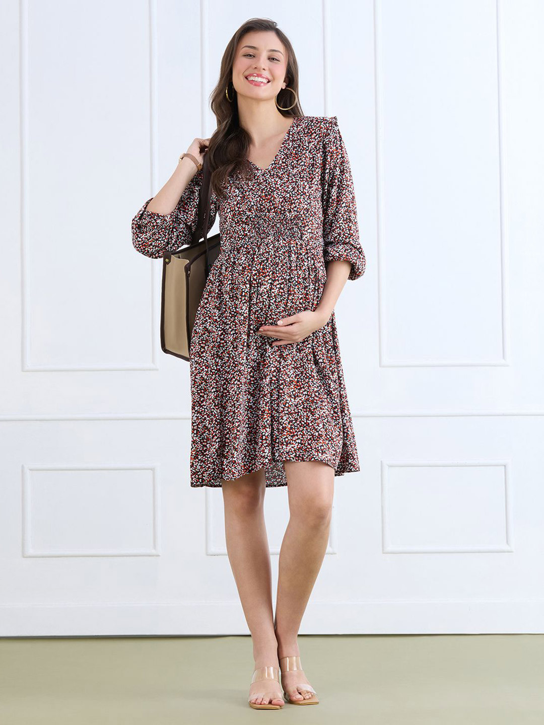 MomToBe Red Floral Printed Puff Sleeve Maternity Rayon Fit & Flare Dress