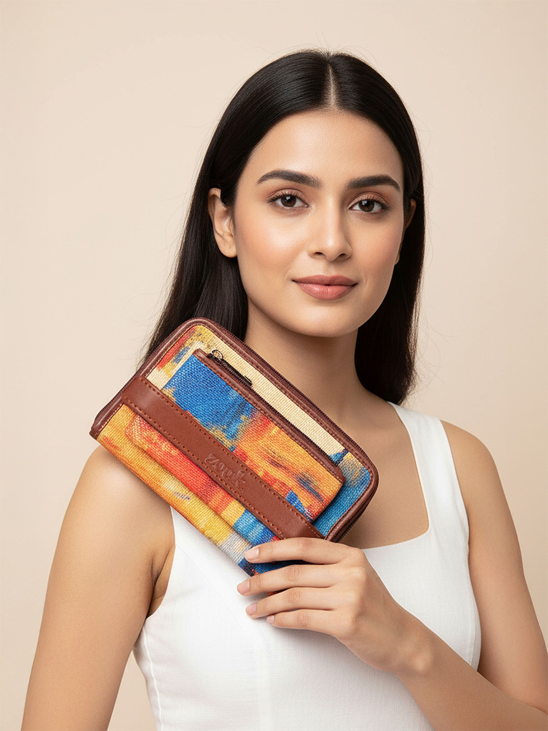 ZOUK Women Brown & Yellow Printed Zip Around Vegan Leather Wallet