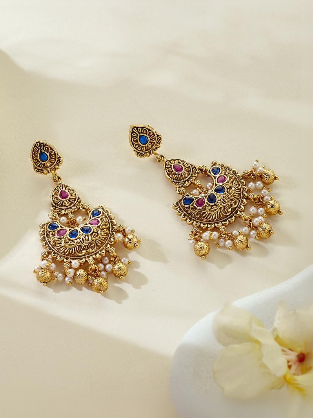 Fabindia Women Gold-Plated Post and Back Crescent Shaped Chandbalis Drop Earrings