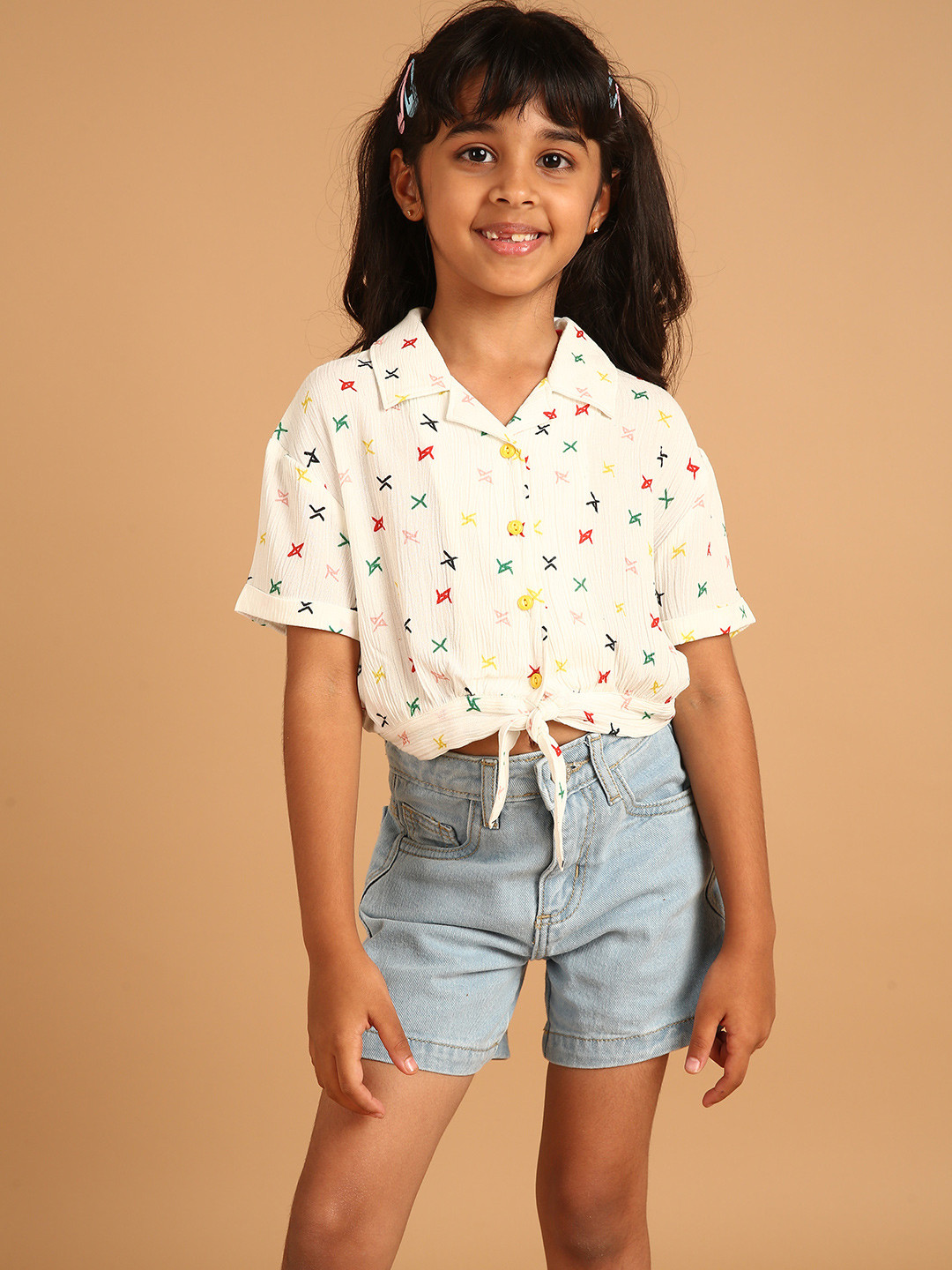PILOLO Girls Printed Shirt Collar Short Sleeves Shirt Style Tops