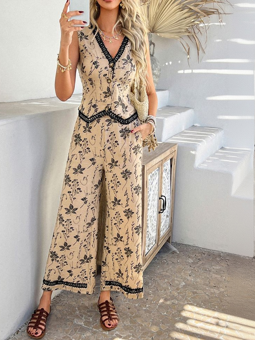 StyleCast Printed V-Neck Vest Top With Palazzos Co-Ords