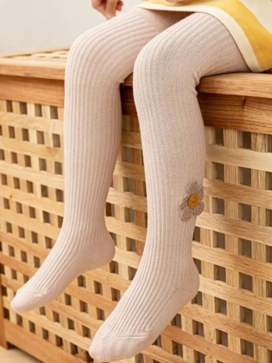Ziory Girls Self Design Cotton Lace Stockings With Floral Applique Details
