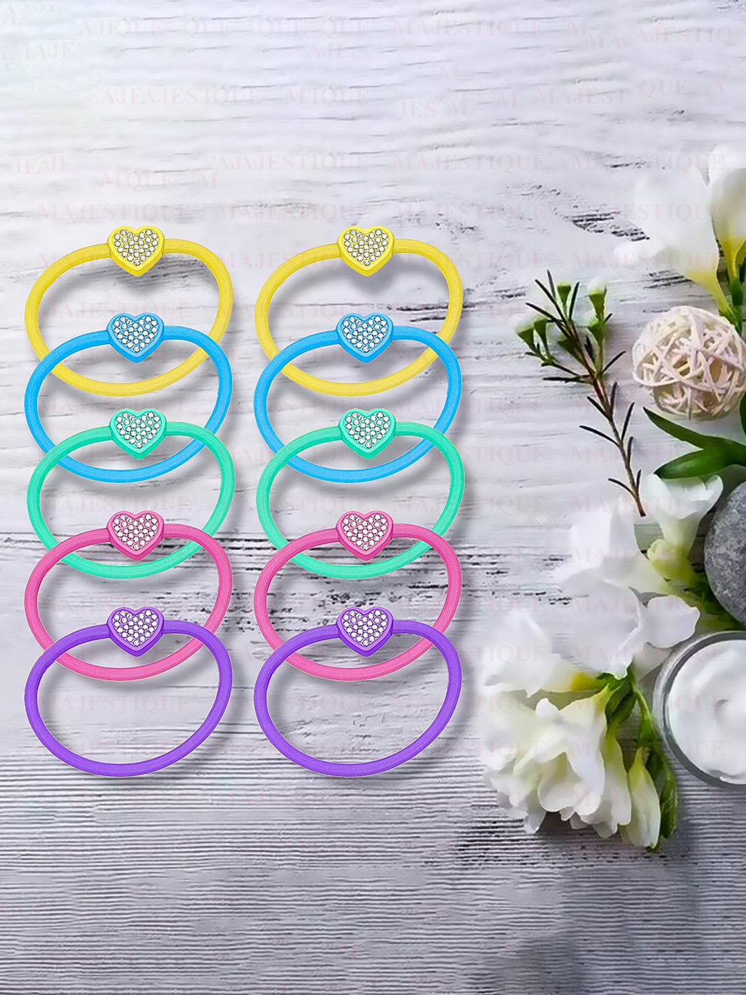 MAJESTIQUE Girls Set of 10 Embellished Hair Tie Rubber Bands with Charms Ponytail Holders