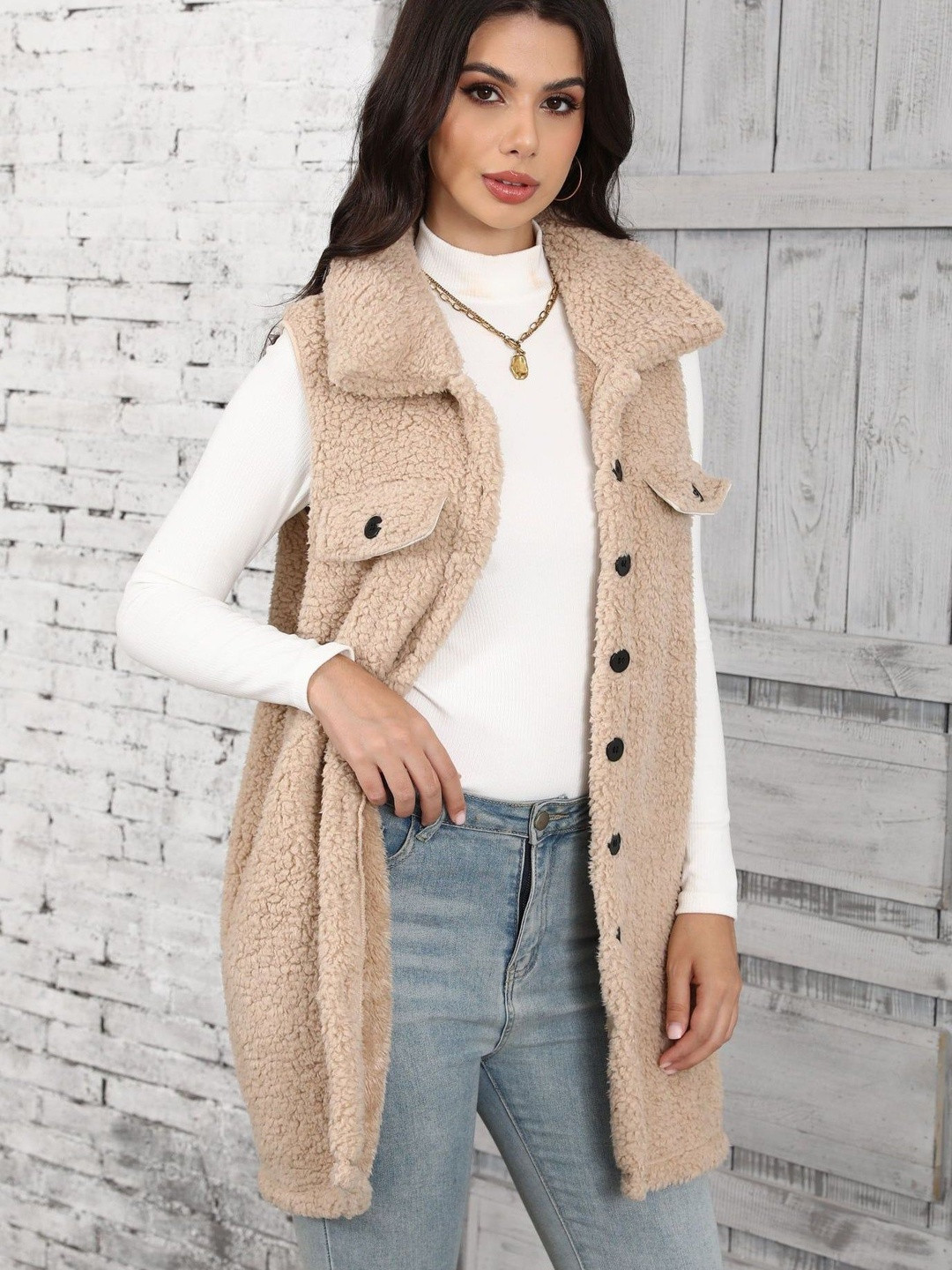 Oh Rare Women Self Design Regular Fit Spread Collar Sleeveless Bubble Overcoat