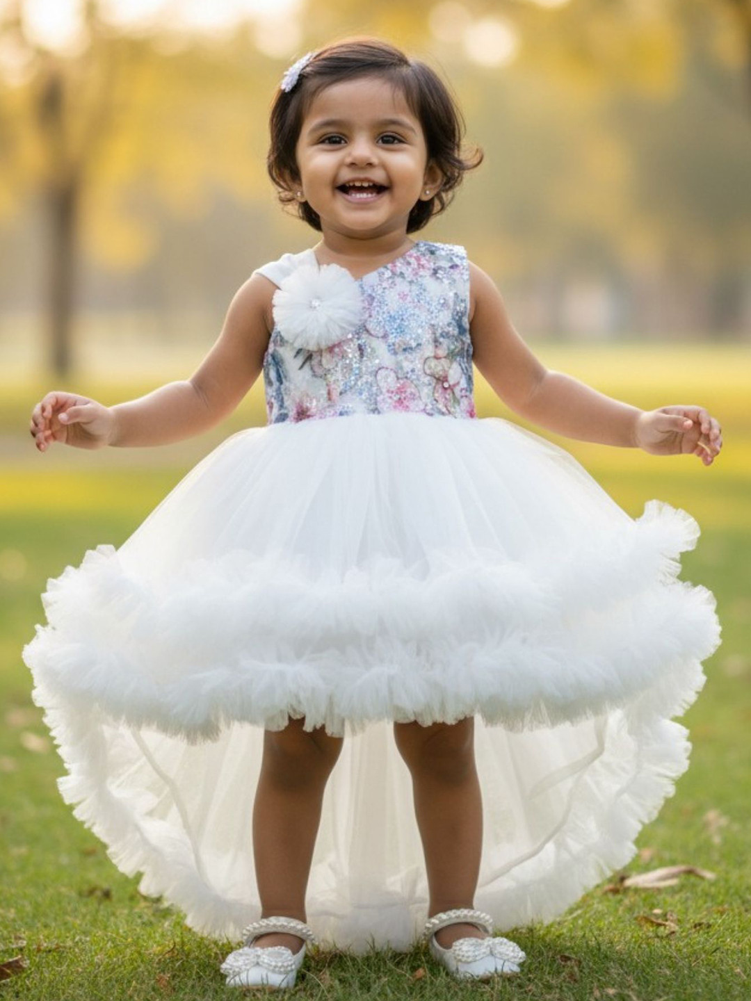 Lagorii Girls Ruffled Embellished High-Low Net Fit & Flare Dress