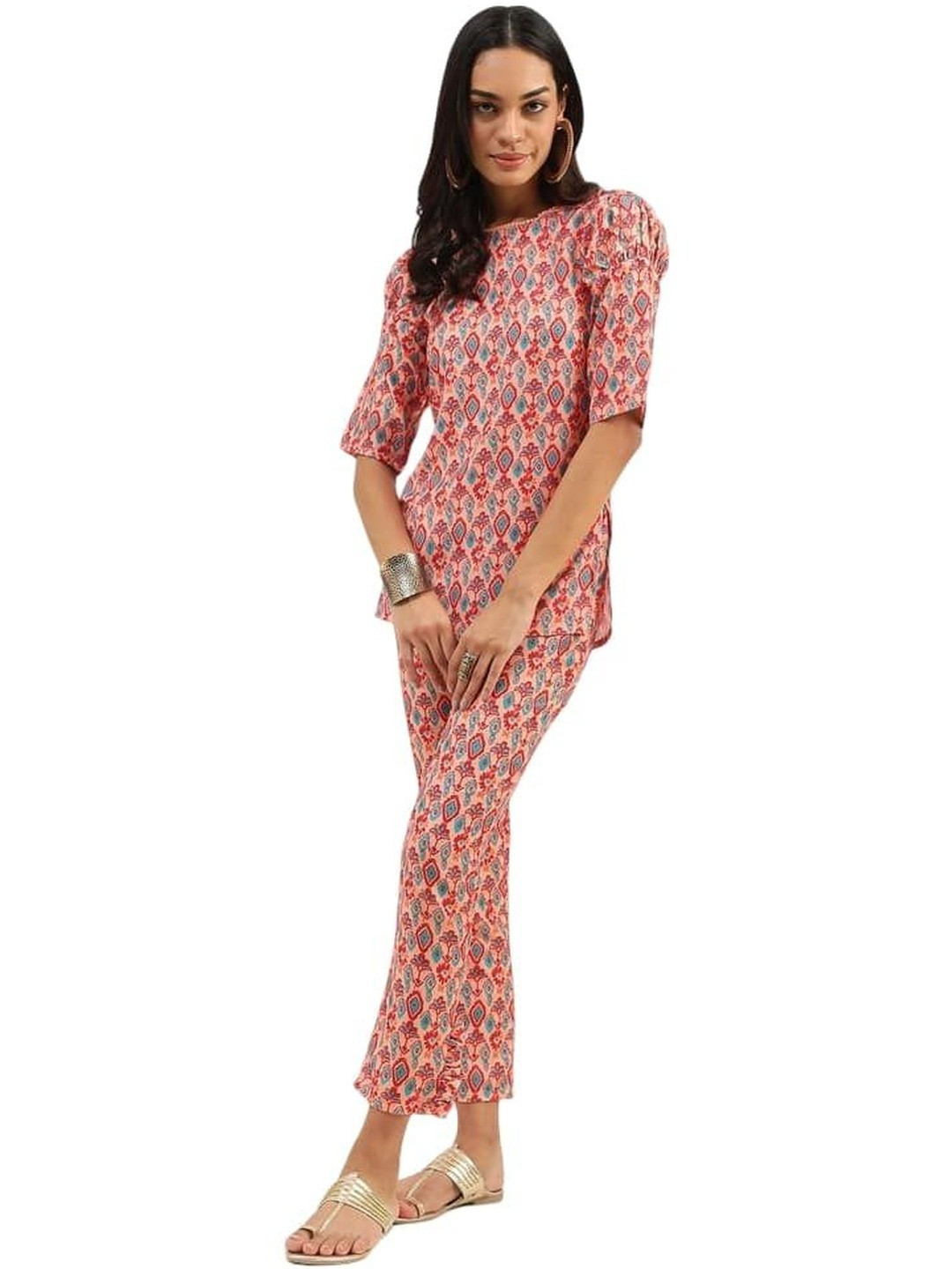 V.T FASHION Floral Printed Three-Quarter Sleeves Tunic With Trousers