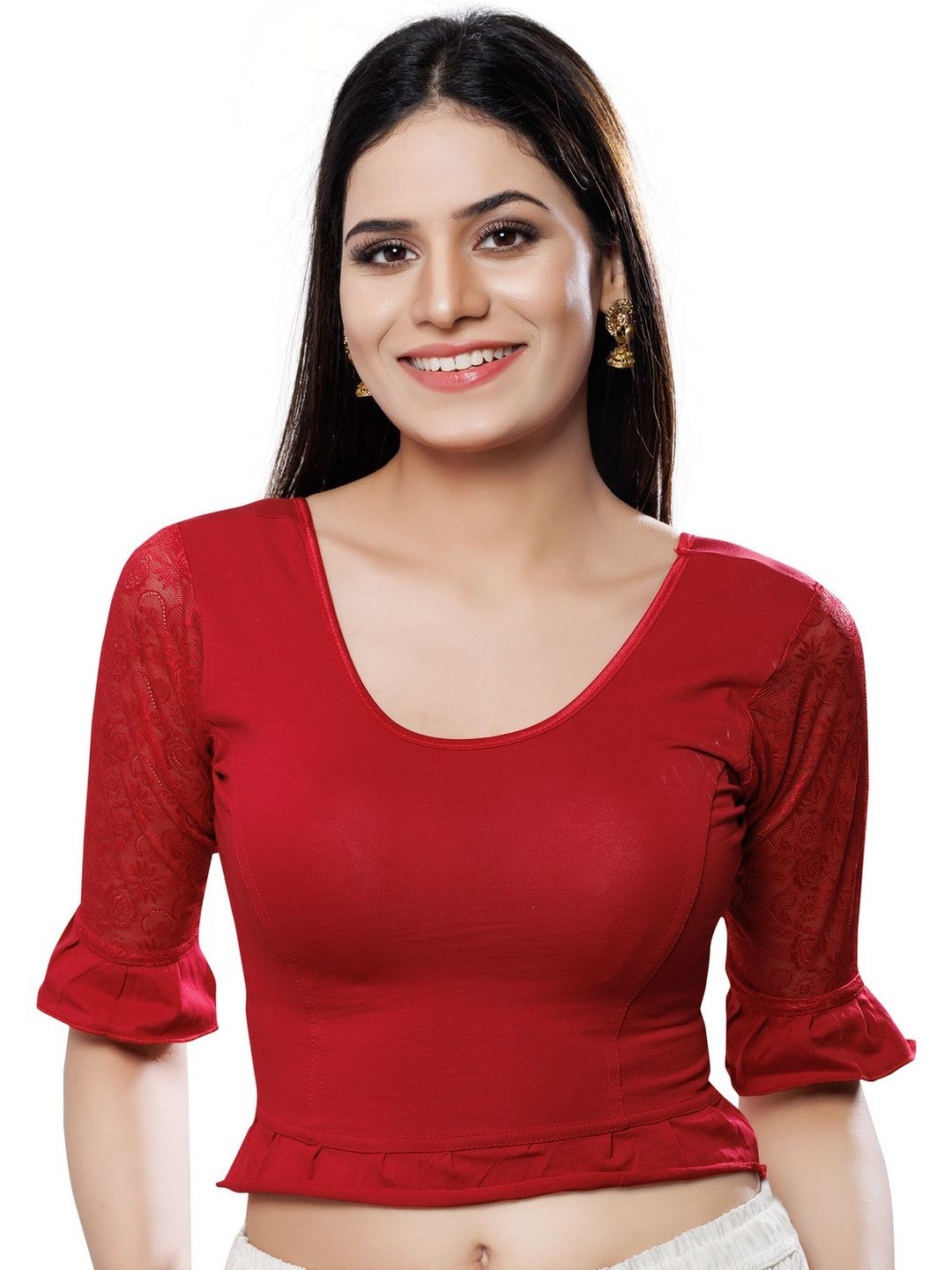 KALINI Ethnic Motifs Woven Design Round Neck Bell Sleeves Non Padded Saree Blouse