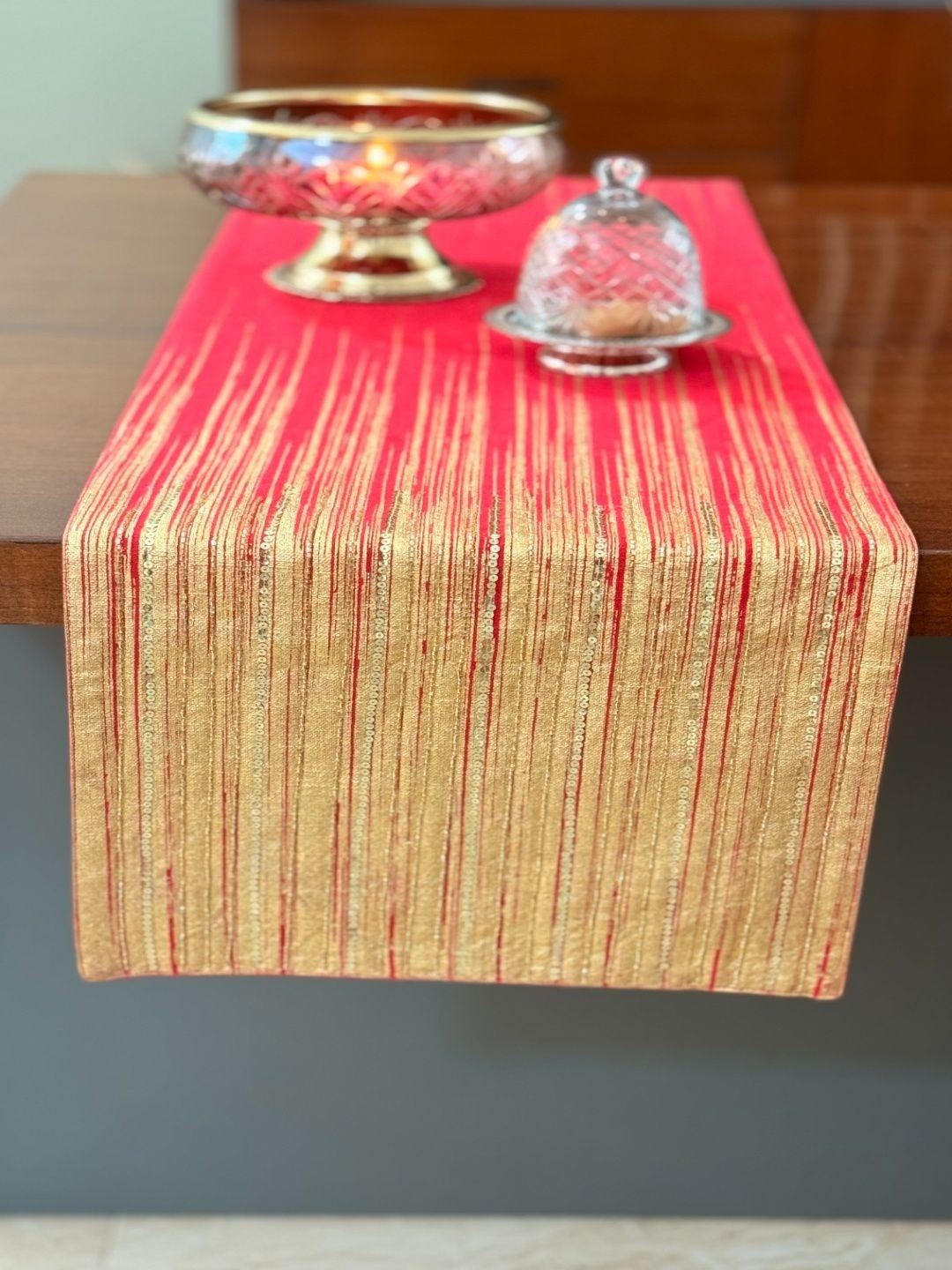 Revive Home Pink & Beige Embellished Pure Cotton Scarlet Shimmer Table Runner