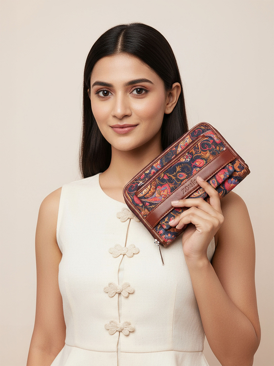 ZOUK Women Paisley Printed Classic Fabric Zip Around Wallet