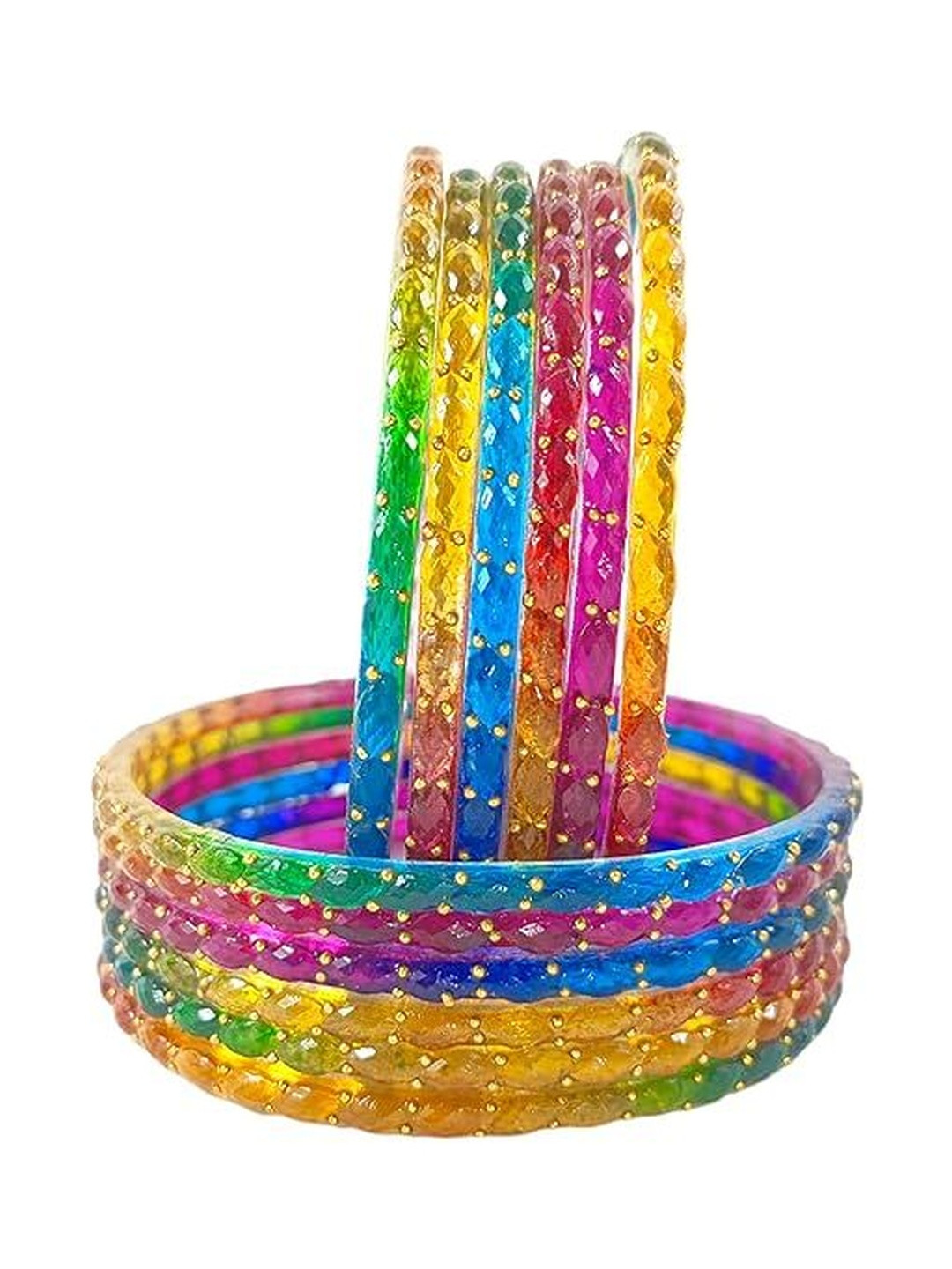 Luxurious Set Of 12 Embellished Diamond Cut Glass Kashmiri Bangless