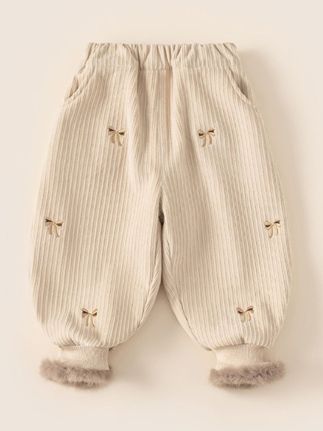 LULU & SKY Girls Bow Embroidery Striped High-Rise Zip Trousers