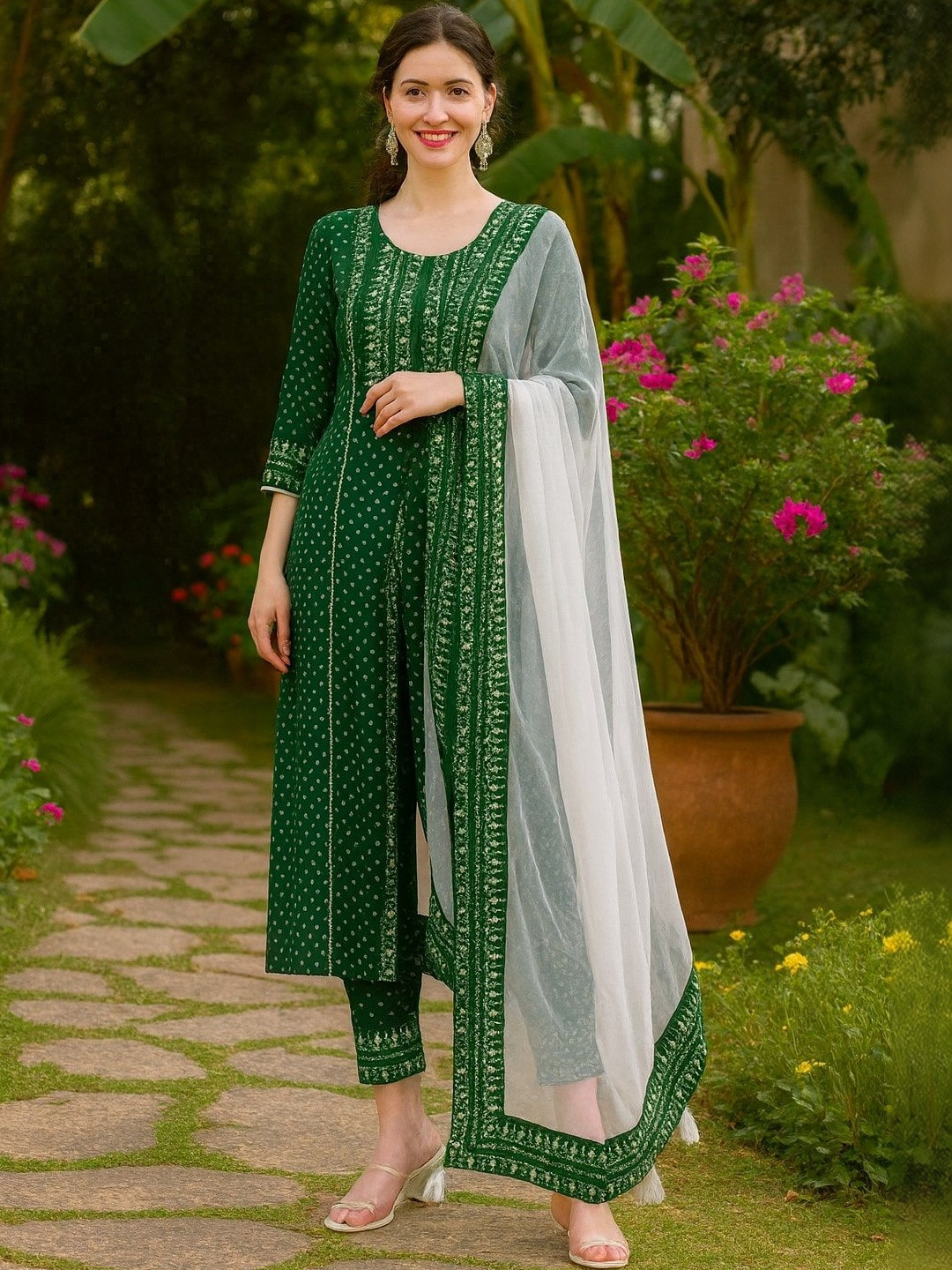 Tulsattva Floral Printed Round Neck Block Print Kurta With Trousers & Dupatta
