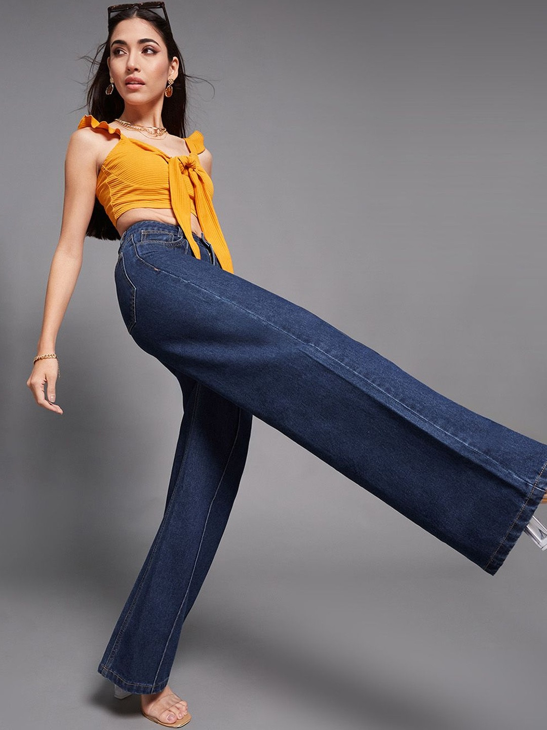 Miss Chase Women's Wide-Leg High-Rise Clean-Look Non-stretchable Denim Jeans