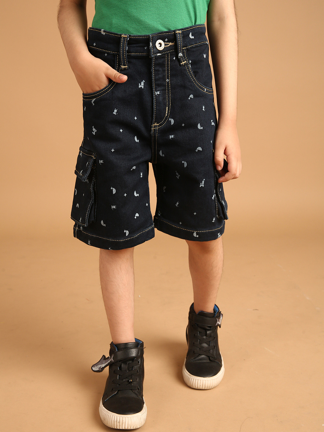 PILOLO Boys Printed Regular Fit Cargo Styles Denim Shorts