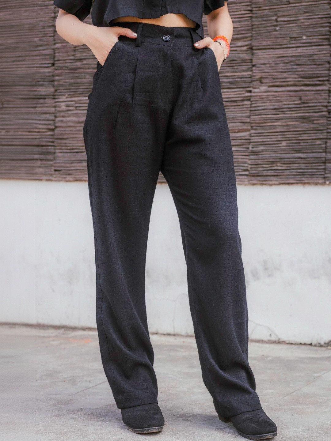 JAVINISHKA Women Relaxed Straight Leg High-Rise Pleated Korean Pants
