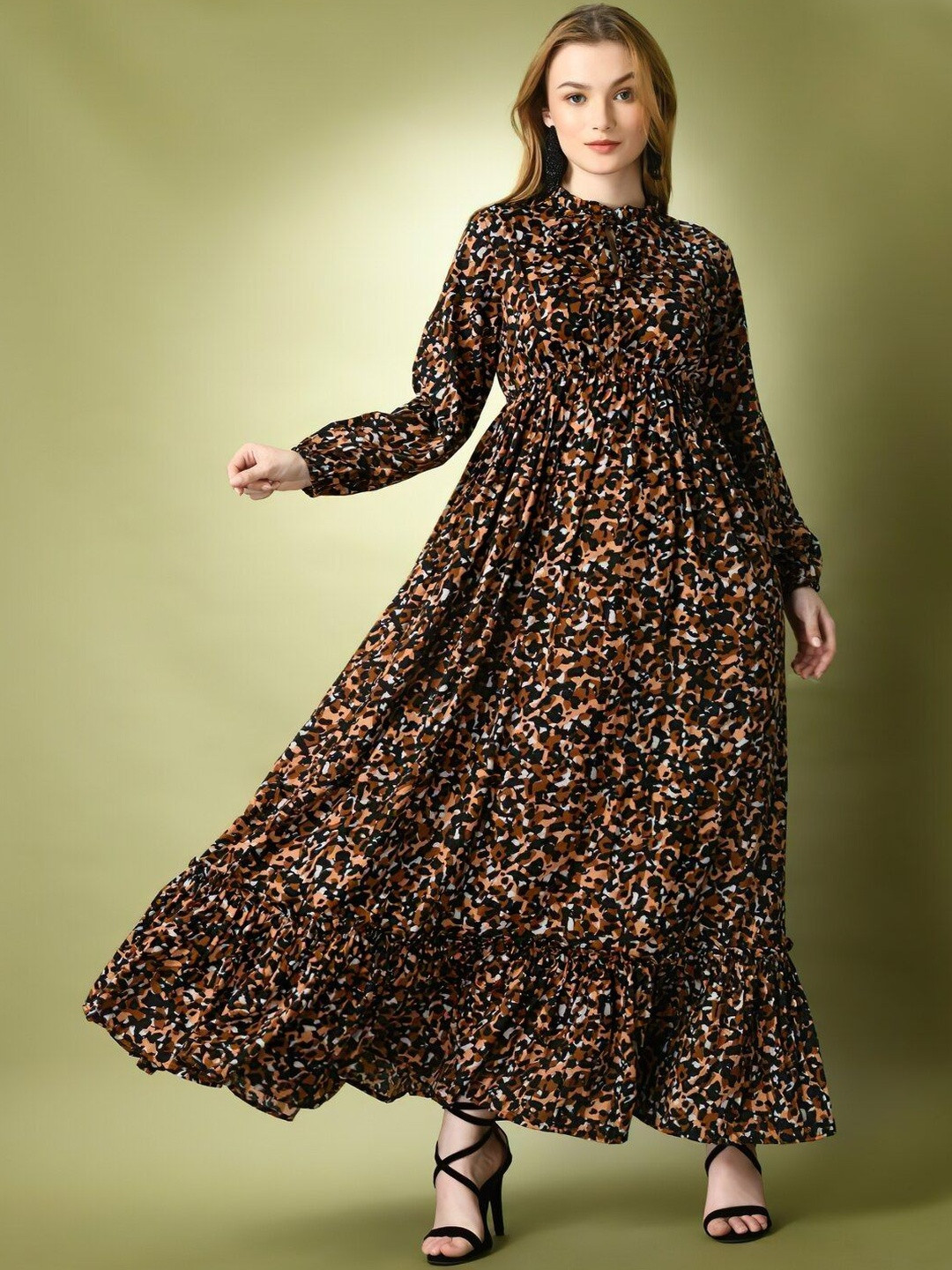 LookShine Women Animal Printed Tiered Ruffles Cuffed Sleeves A-Line Maxi Dress