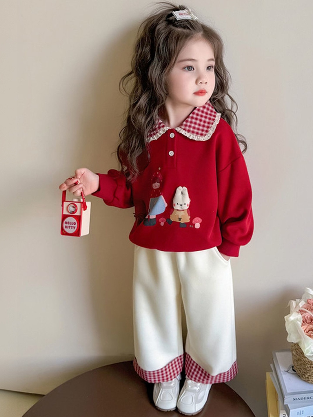 LULU & SKY Girls Cartoon Printed Embroidered T-shirt With Trousers