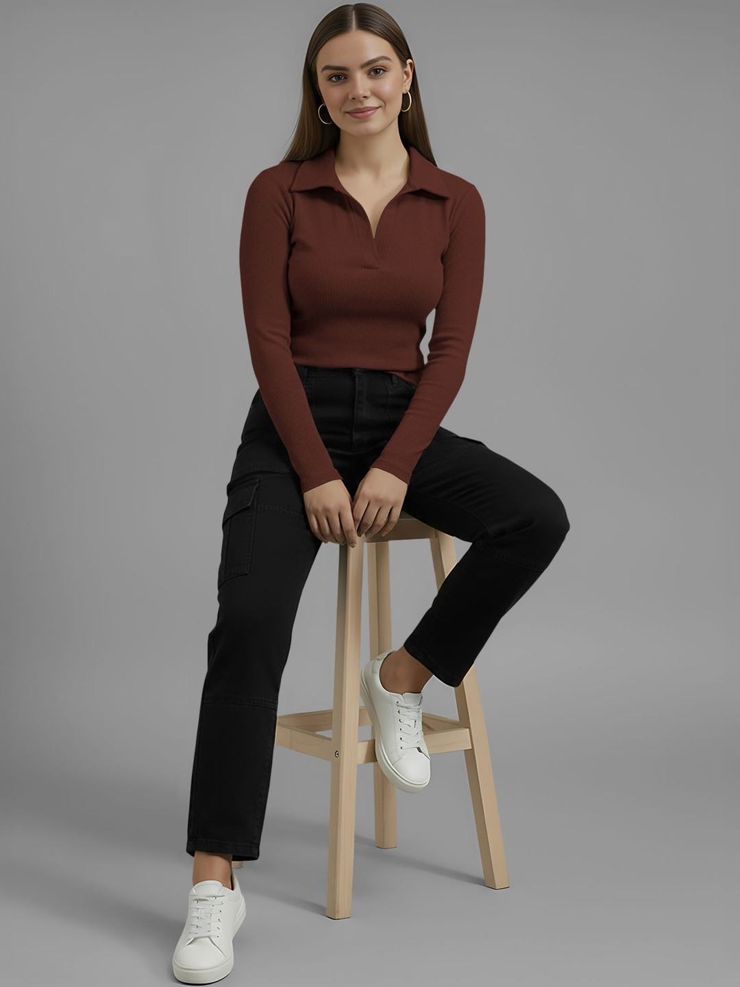 Dream Beauty Fashion Women Mocha Mousse Ribbed Shirt Collared Long Sleeves Fitted Top