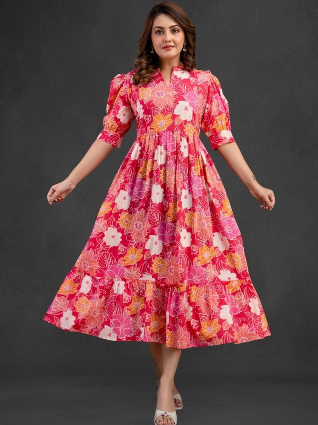Henal Women Floral Printed Gathered Puff Sleeve Pure Cotton Maternity Fit and Flare Dress