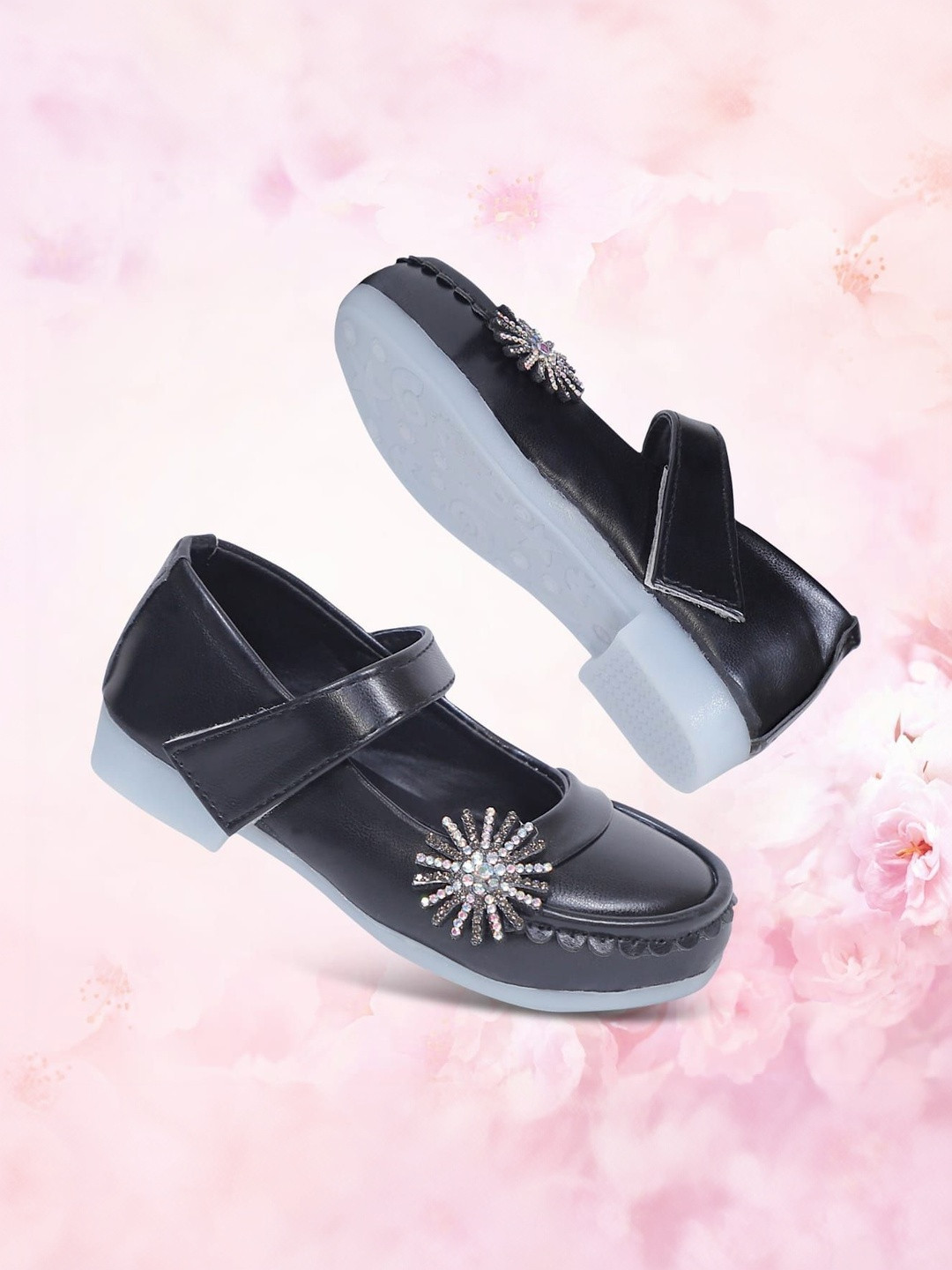 MUKUNDU Girls Embellished Round Toe Velcro Fastening Ballerinas