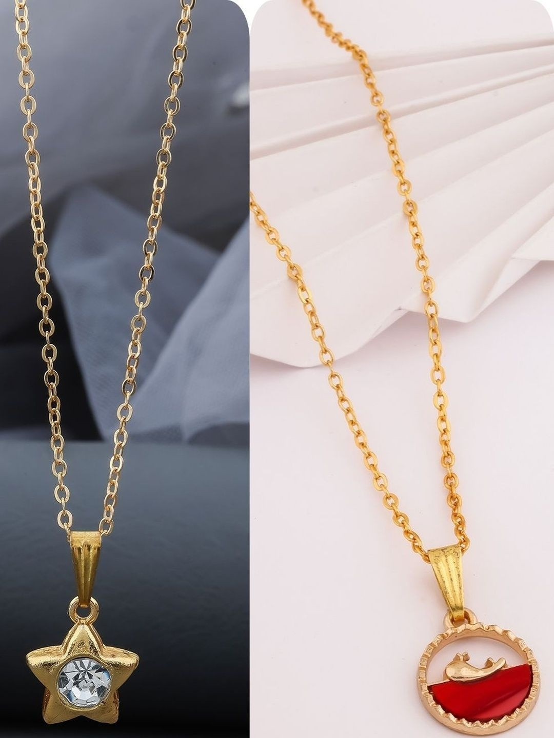 SZN Set Of 2 Gold-Plated Stone Studded Star & Circular Shaped Pendants With Chains