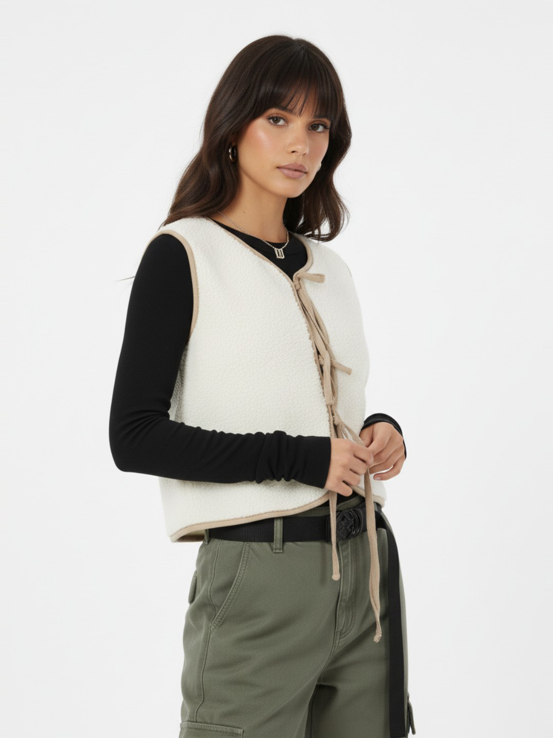 glitchez Sherpa Tie Up Detailed Front Open Jacket