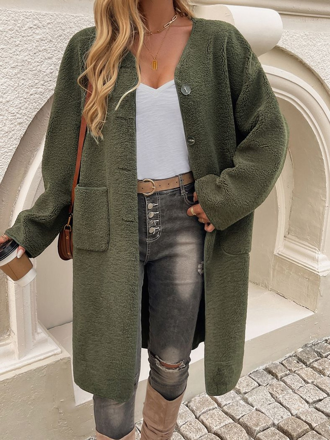 StyleCast Button Front Long Teddy Coat