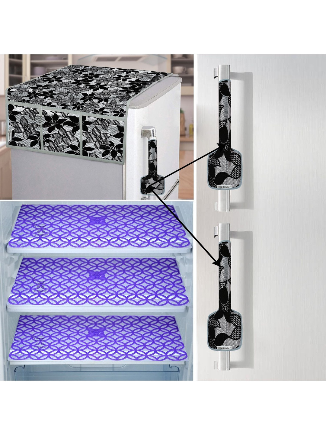 E-Retailer 6 Pieces Set Of 1 Refrigerator Top Cover 2 Fridge Handle Cover & 3 Fridge Mats