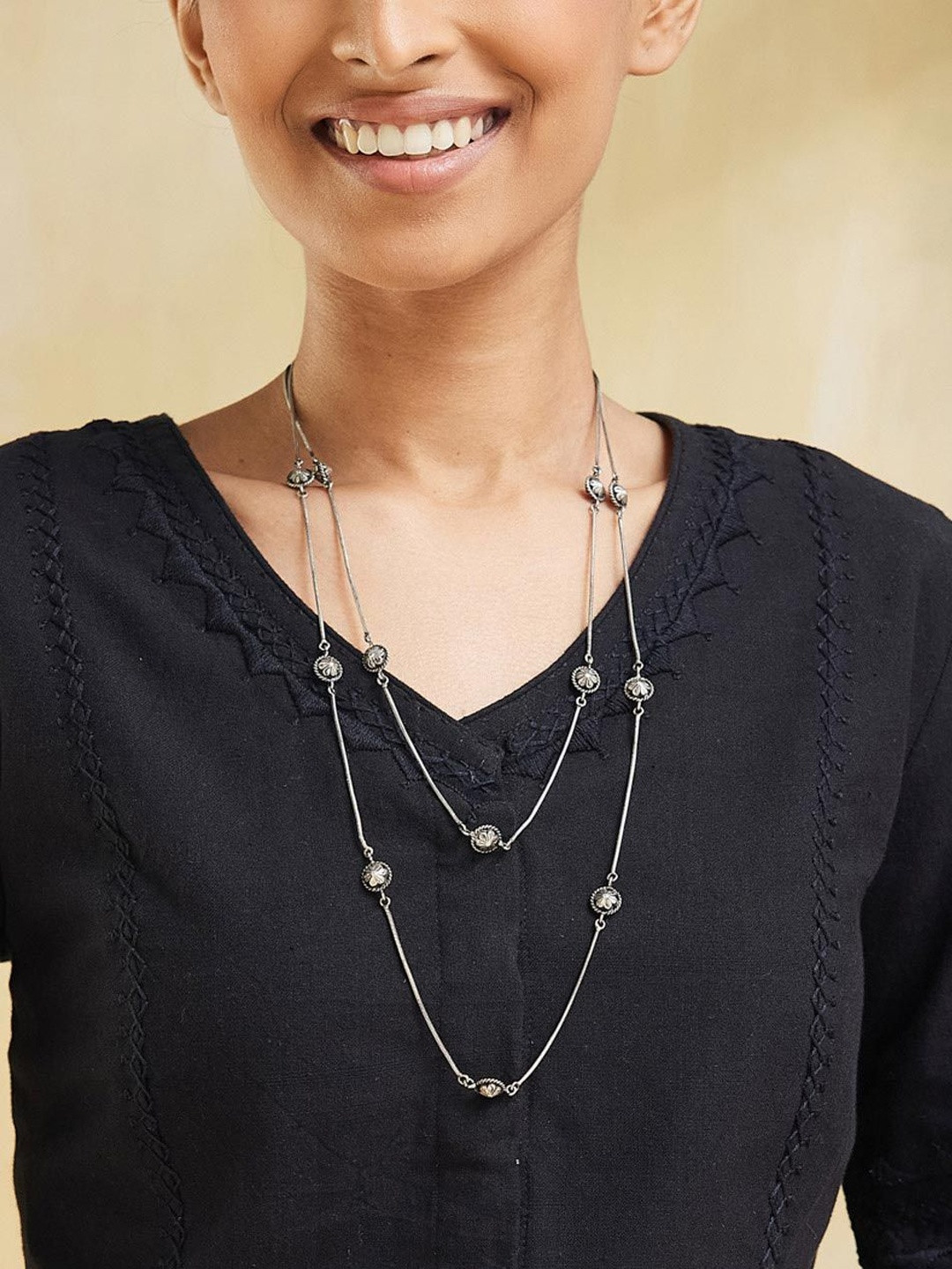 Fabindia Silver Floral Design Layered Statement Necklace