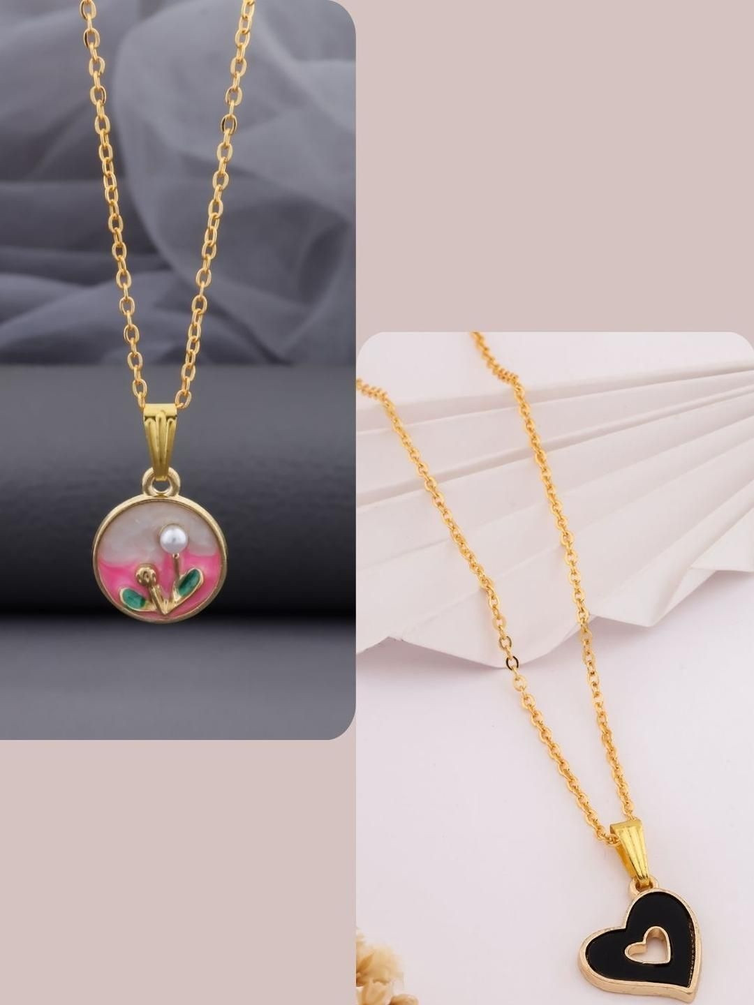 SZN Elegent Set Of 2 Gold-Plated Artificial Beaded Circular Shaped Pendants With Chains