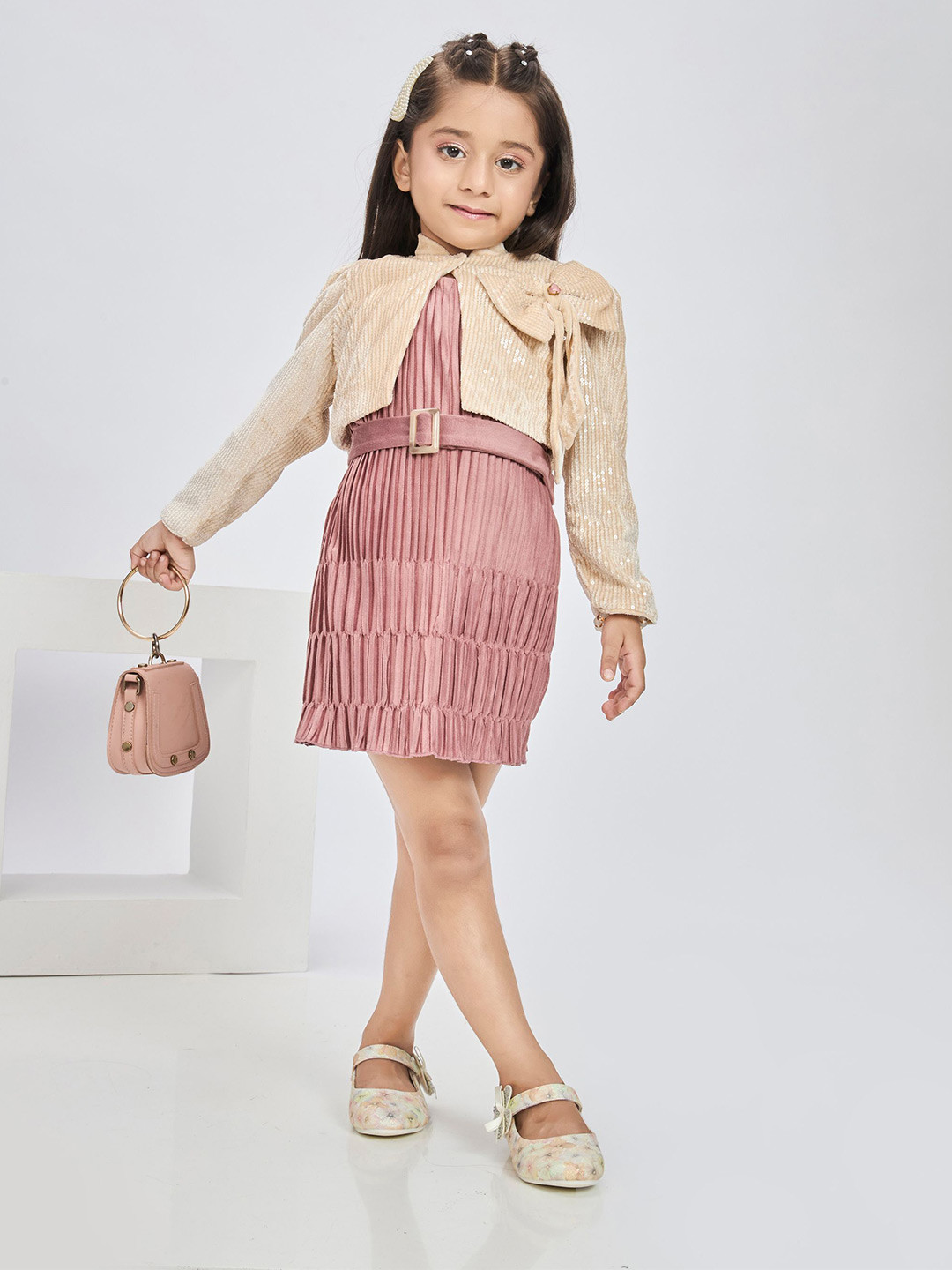 Peppermint Girls Self Design Sequined A-Line Dress with Jacket