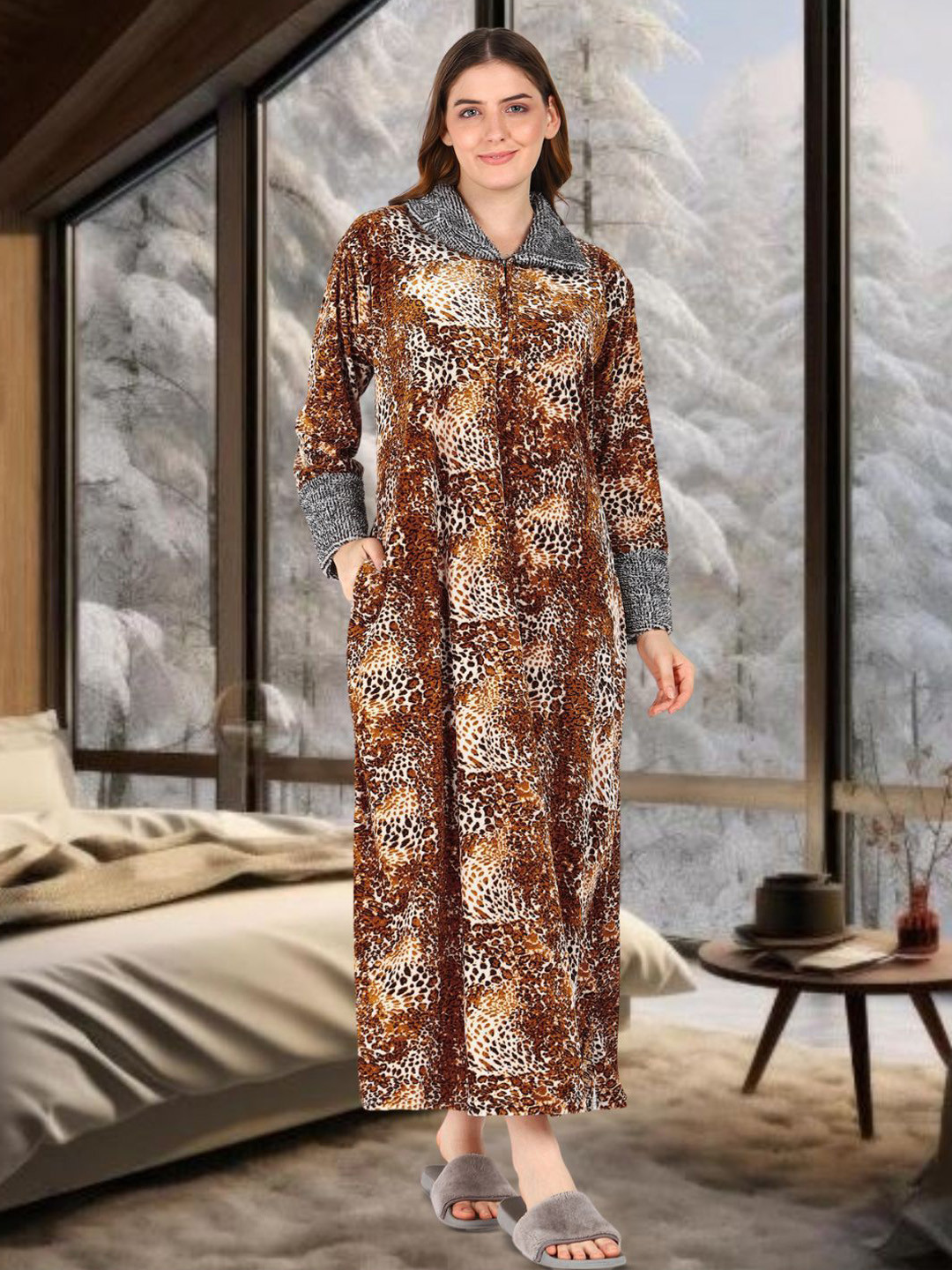 For You For Me Women Animal Printed Lapel Collar Long Sleeves Maxi Nightdress