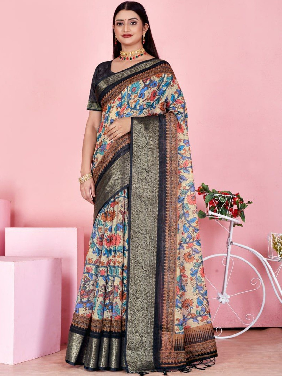DAATAR Kalamkari Printed Zari Saree With Blouse Piece