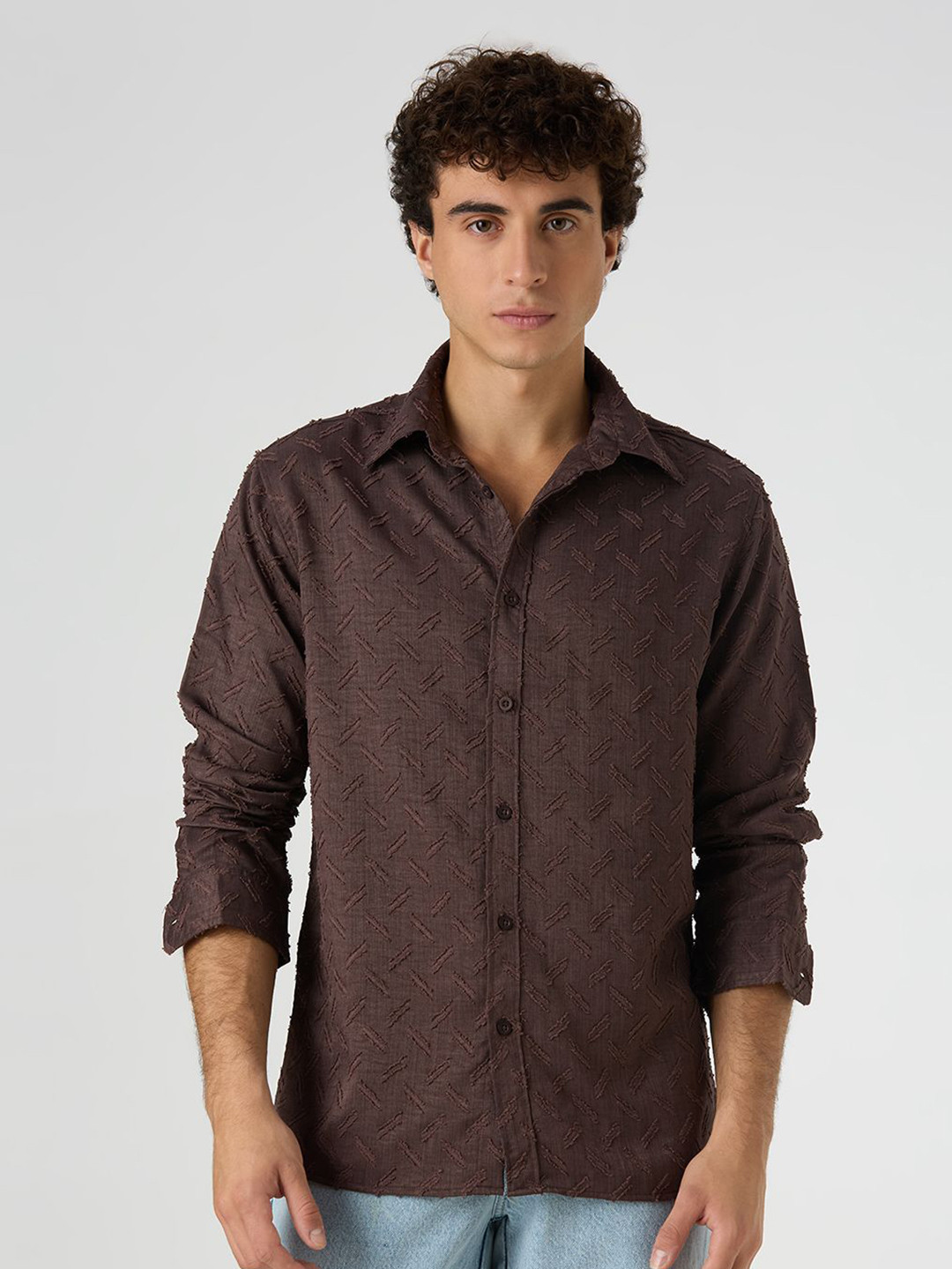 JOHN WATSON Men Classic Fit Textured Spread Collar Cotton Casual Shirt