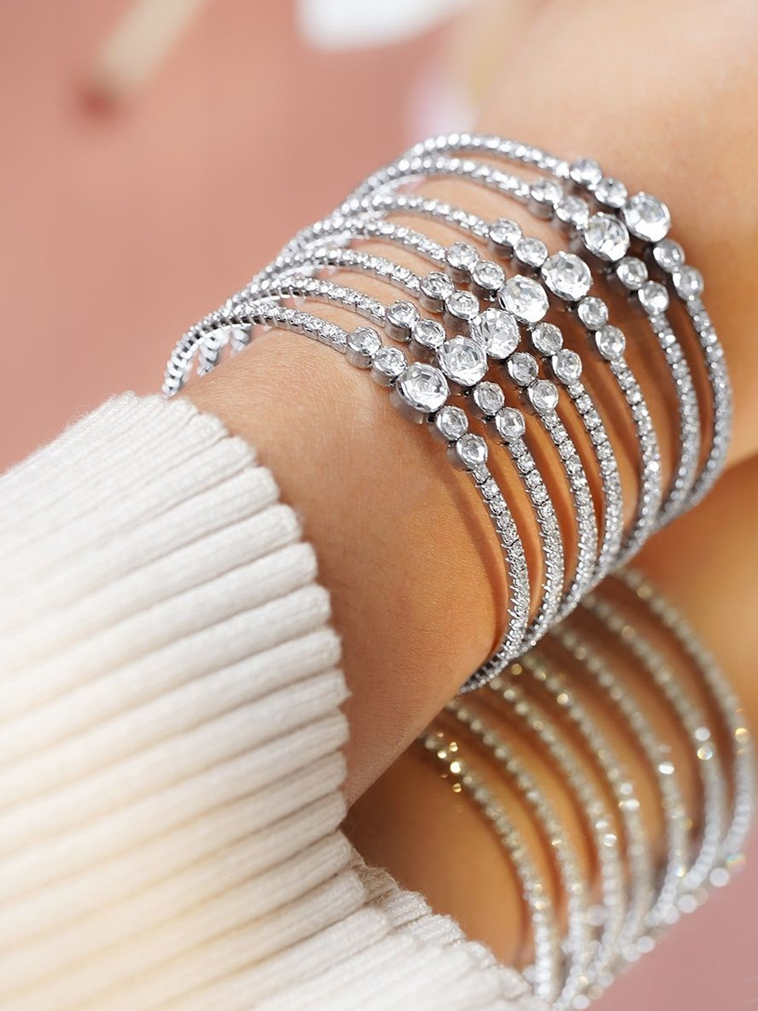 Rubans Rhodium-Plated Brass Clear Cubic Zirconia Multi-Strand Statement Bracelet