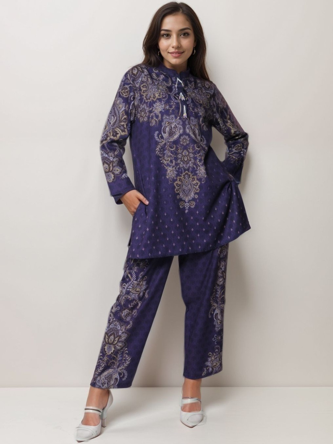 Toscee Floral Printed Mandarin Collar Long Sleeves Linen Tunic With Trouser