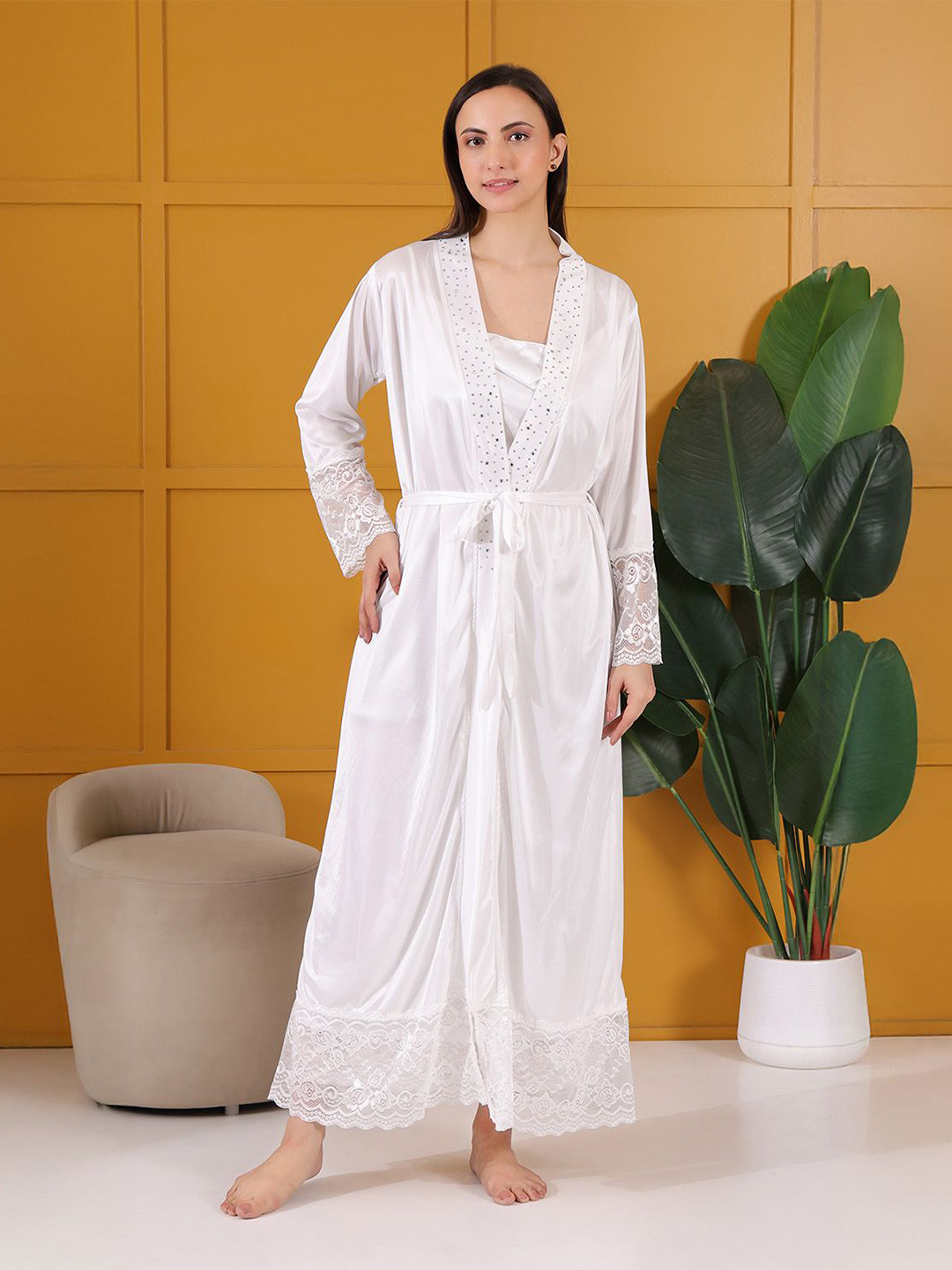 HOUSE OF ELORRA Women Solid Cowl Neck Long Sleeves Satin Maxi Nightdress